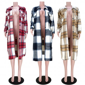 Checkered Coat Women Autumn Winter Clothing 2022 Single Breasted Long Flannel Plaid Jacket